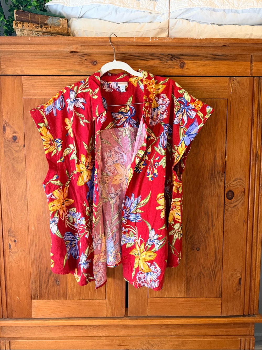 a new day Red Floral Button-Front Short Sleeve Top